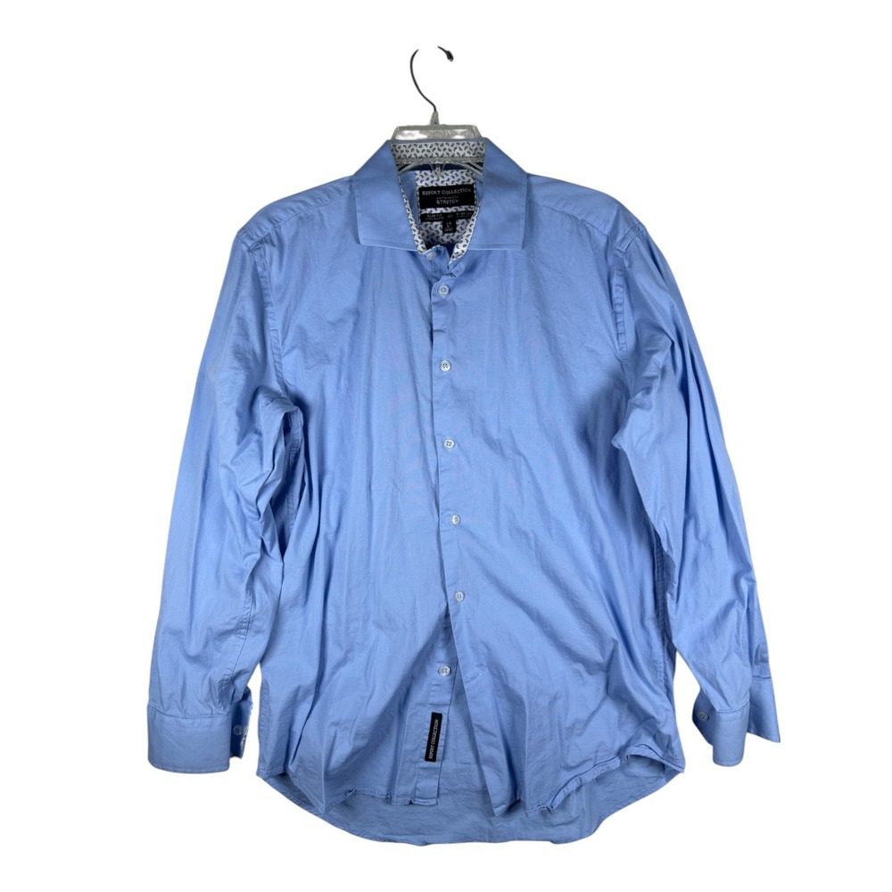 Report Collection Performance Stretch Slim Fit Blue Paisley Trim Shirt Large 16